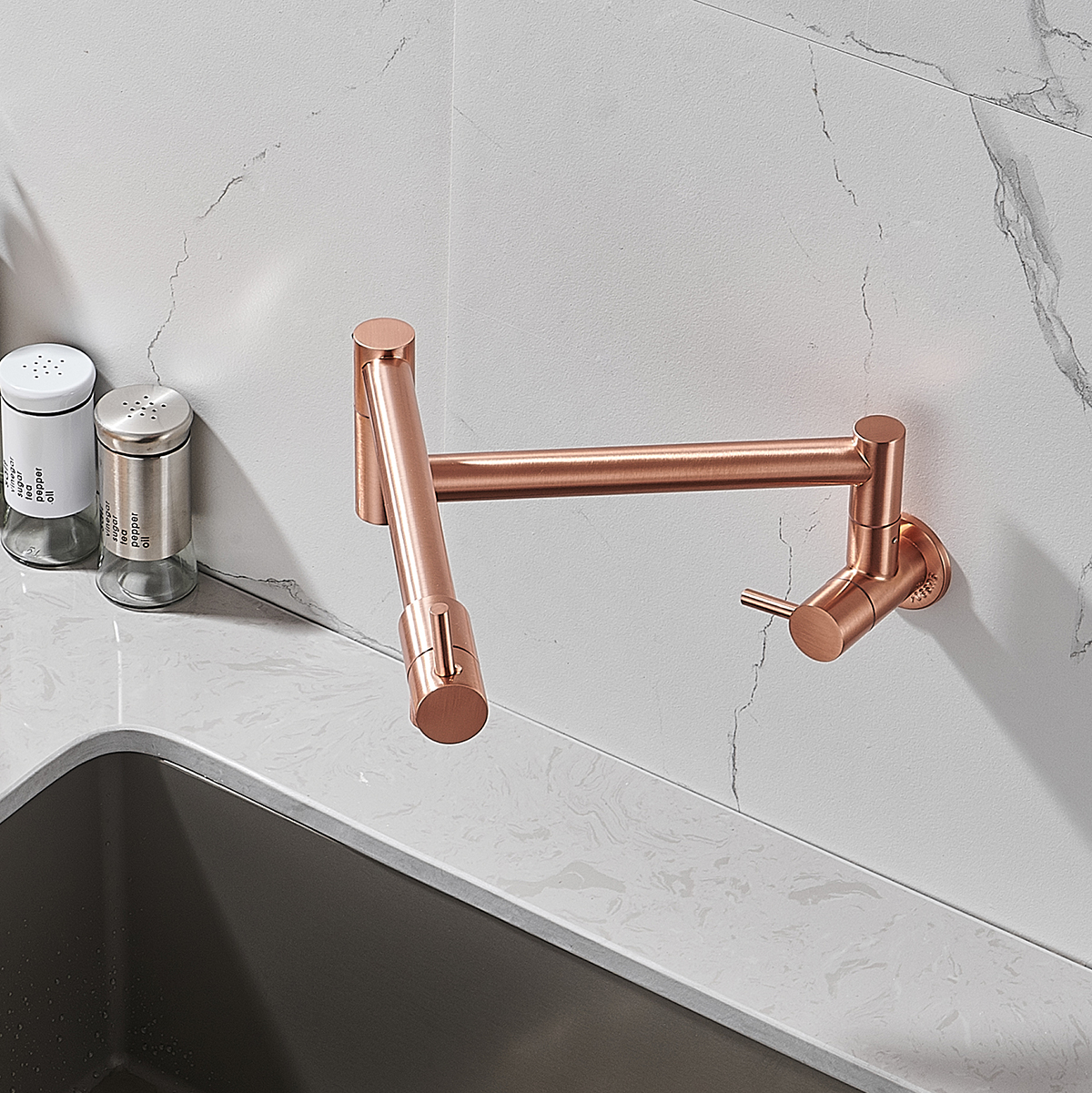 Brushed Rose Gold Foldable Pot Filler Faucet, Wall - Mounted Kitchen Sink Faucet with Extendable Arm - 图片 2