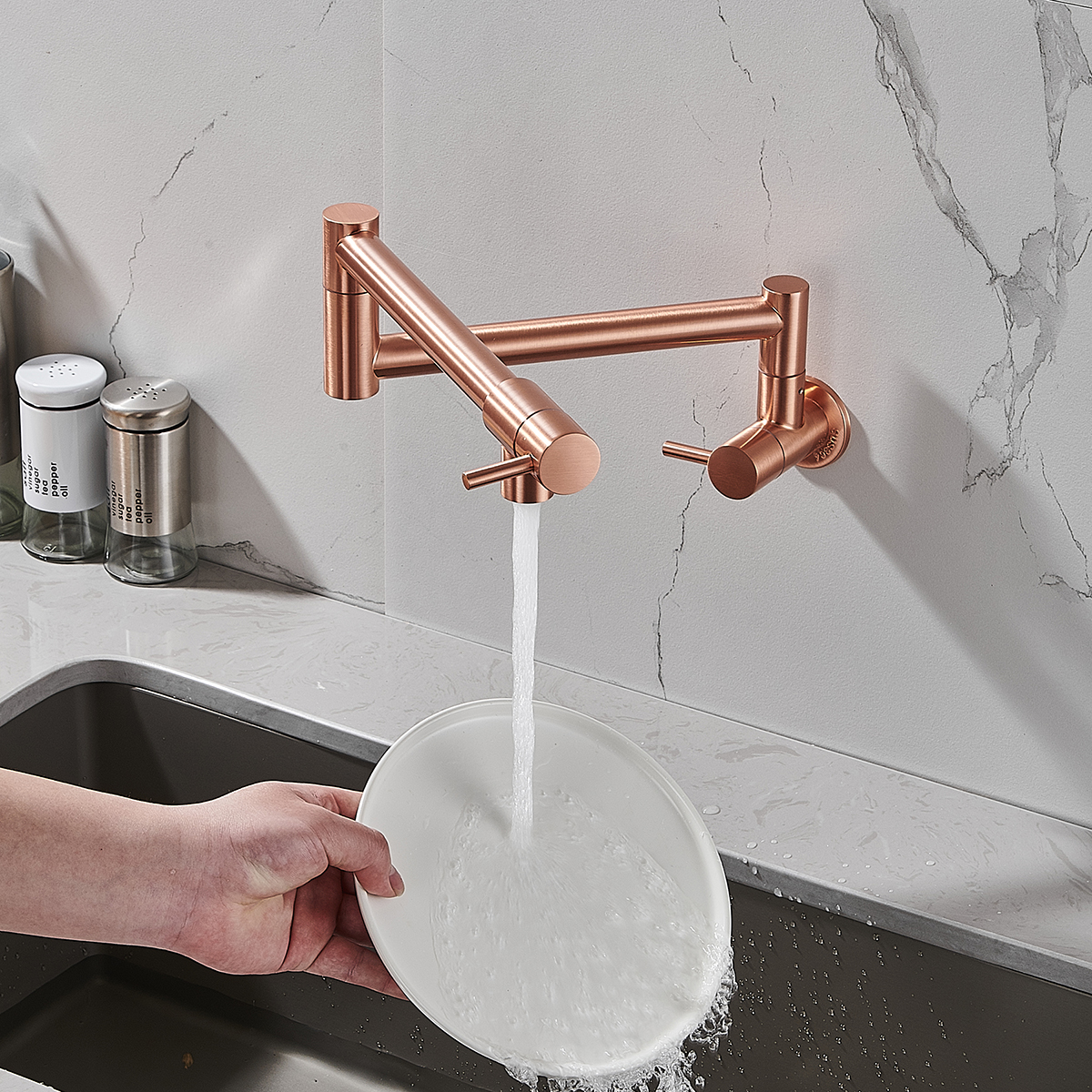 Brushed Rose Gold Foldable Pot Filler Faucet, Wall - Mounted Kitchen Sink Faucet with Extendable Arm - 图片 7