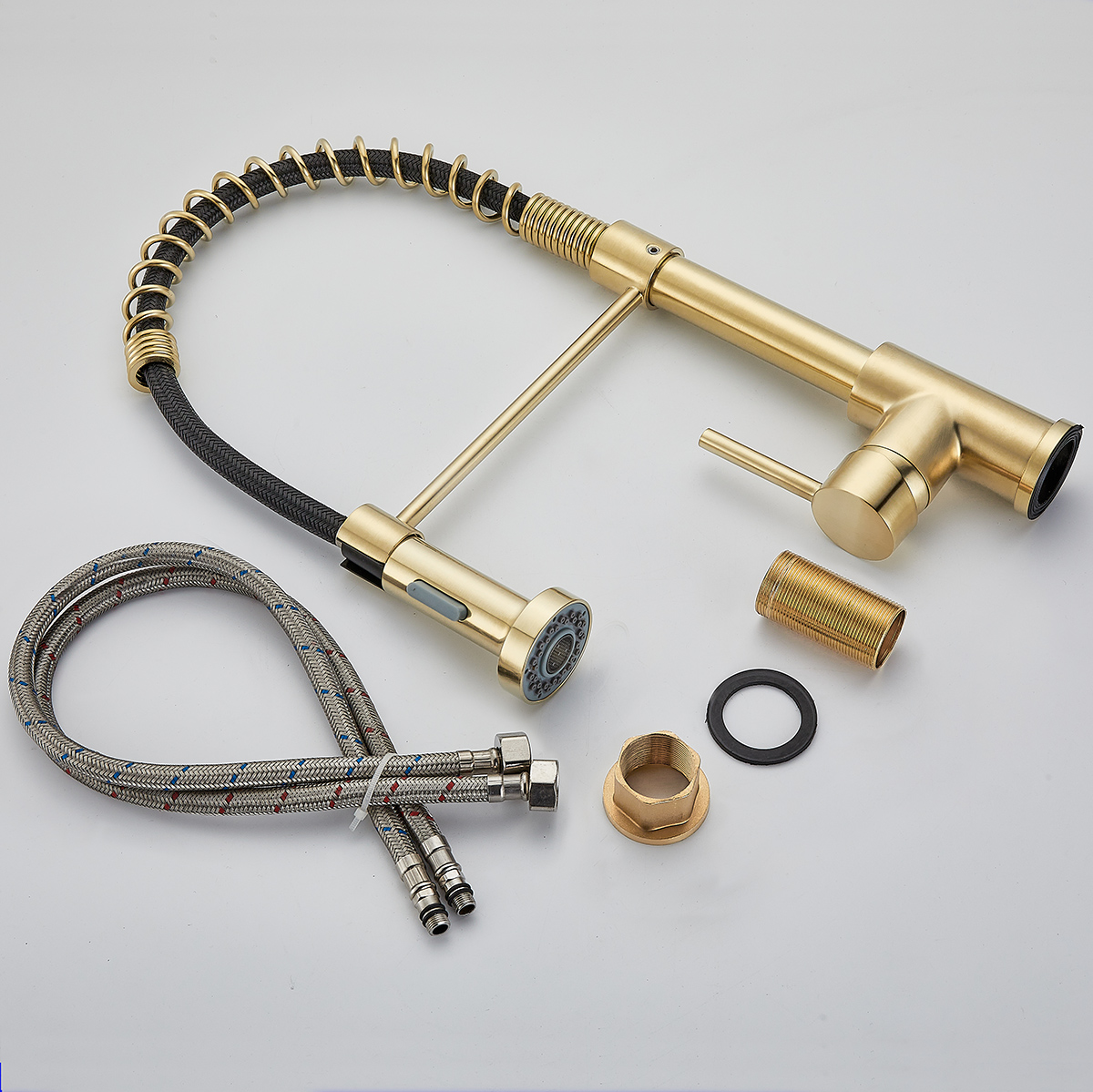 Premium Brushed Gold Spring Pull Down Kitchen Faucet with Flexible Hose & Dual Spray Modes - 图片 10