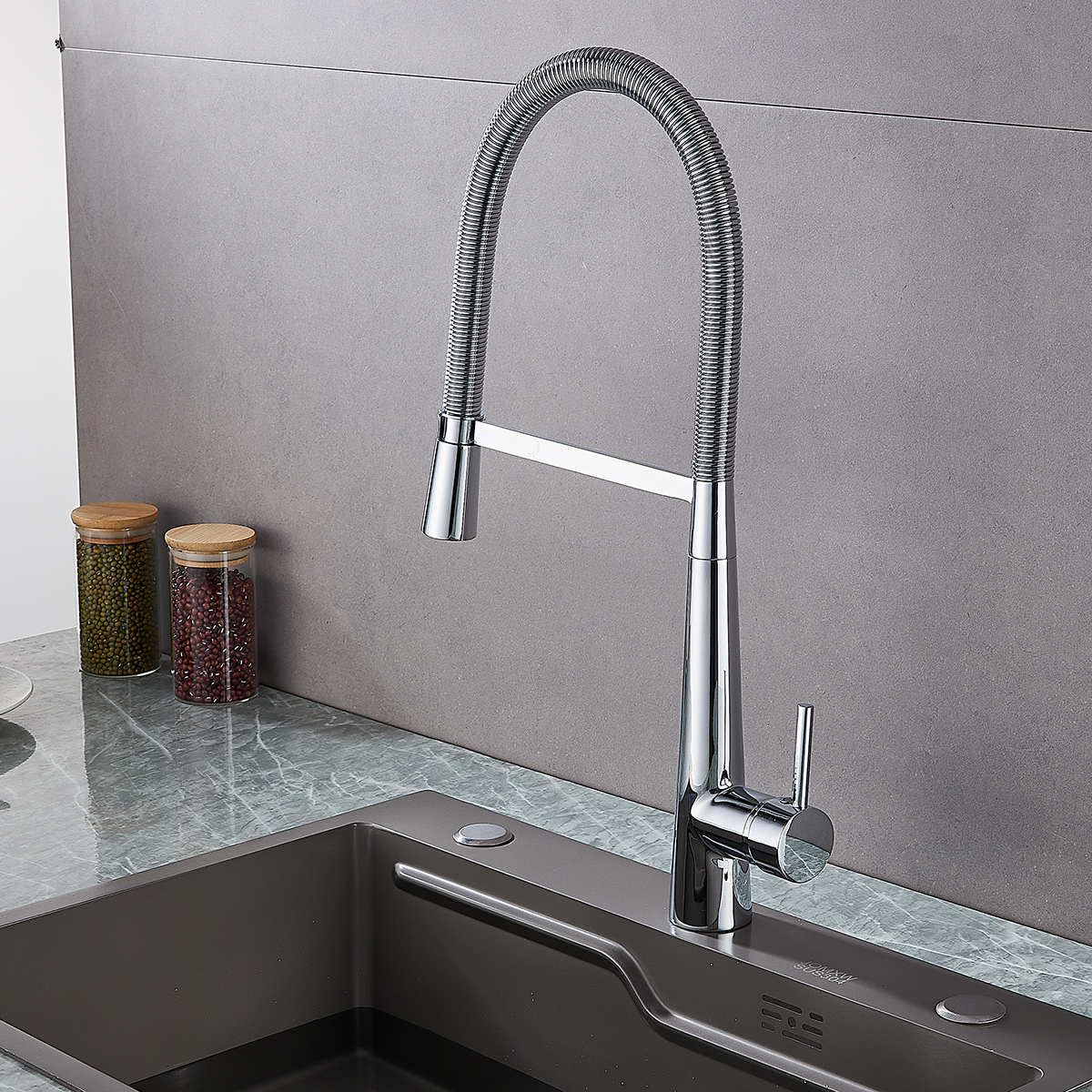 Chrome Spring Pull Down Sink Faucet with Flexible Hose - 图片 2