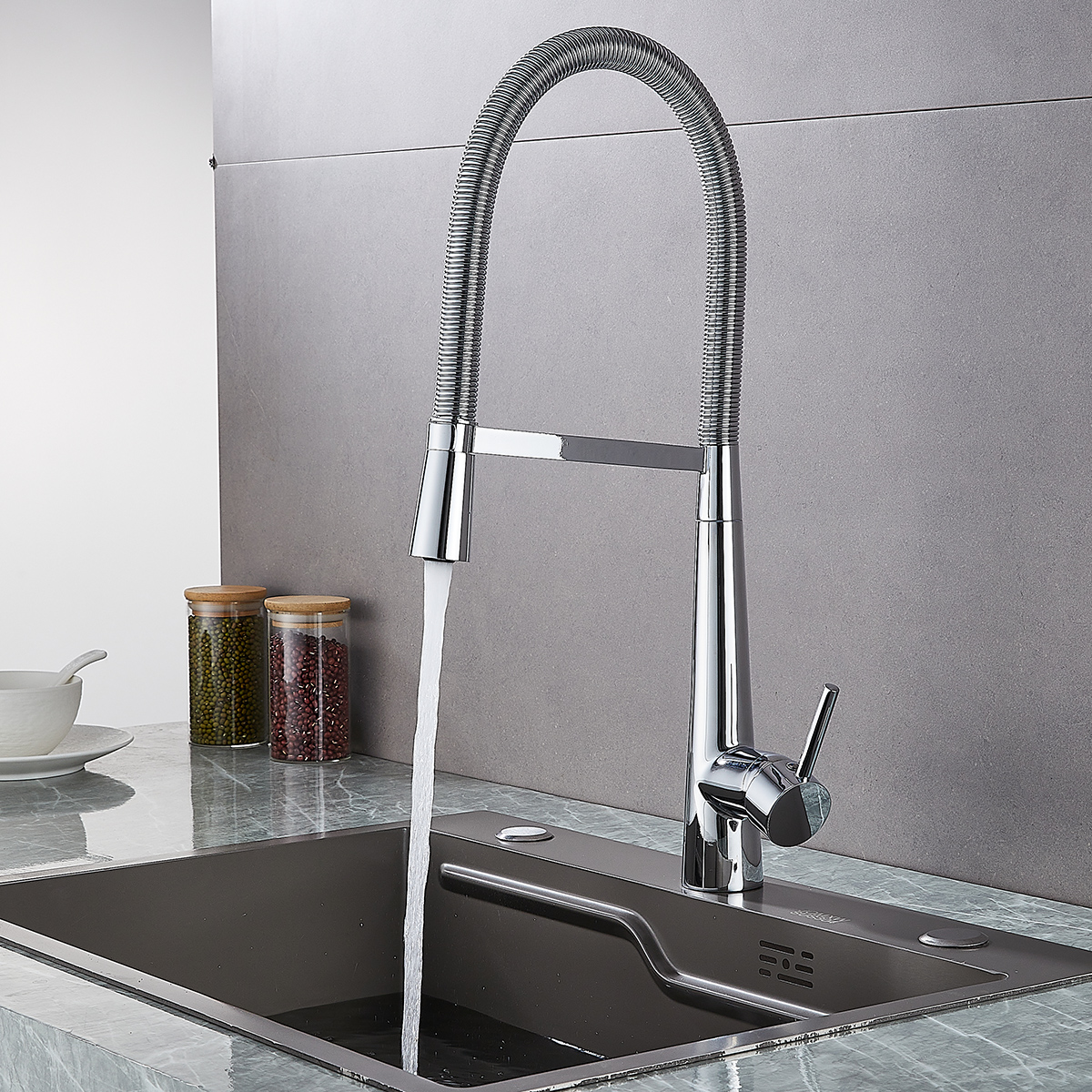 Chrome Spring Pull Down Sink Faucet with Flexible Hose - 图片 6