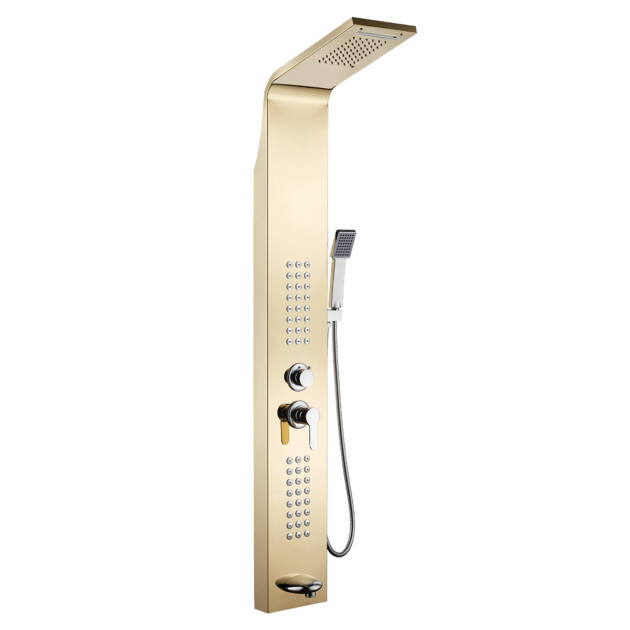 5-Function Gold Shower Panels–Rainfall shower, Handheld shower & Body Jets