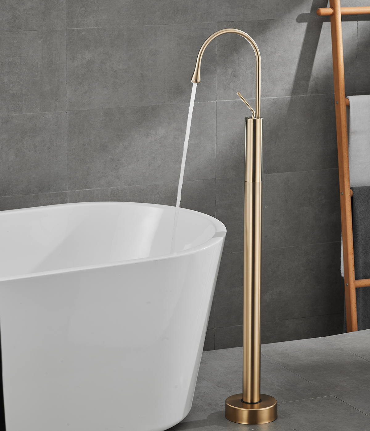 Premium Brass Brushed Gold Bathroom Floor-Mounted Tub Filler - 图片 6