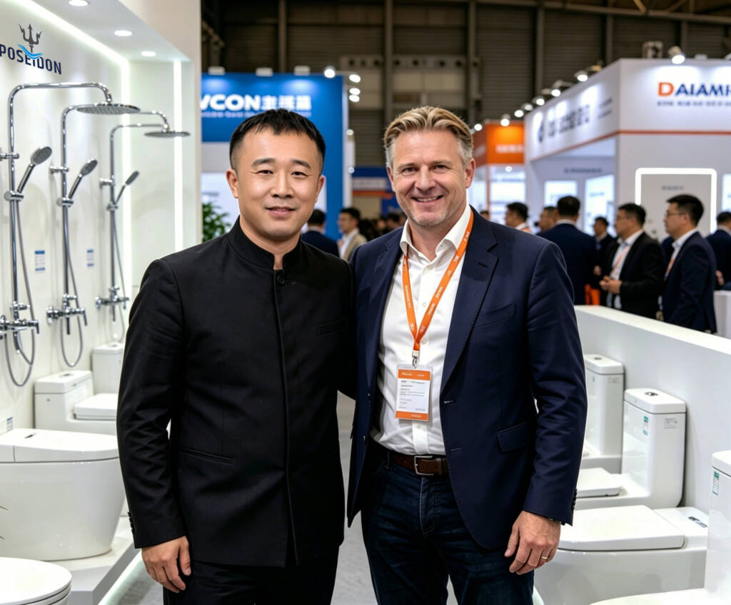 International client communication at Poseidon sanitary exhibition booth